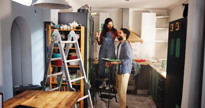 Smile,,Couple,And,Painting,New,House,For,Renovation,Process,,Interior